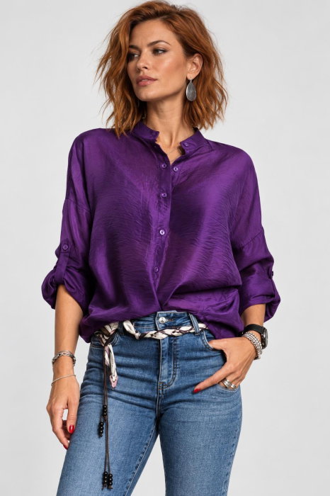 Camasa satinata oversized cu maneci reglabile, mov violet