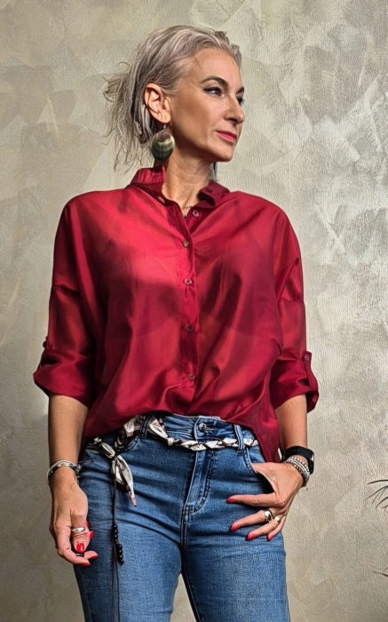 Camasa satinata oversized cu maneci reglabile, bordo