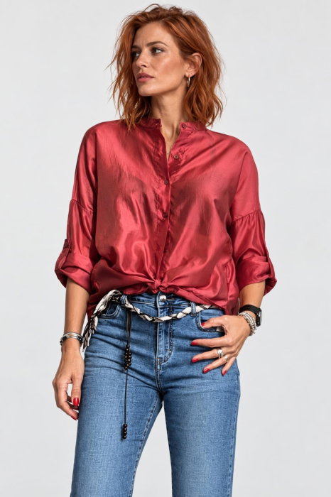 Camasa satinata oversized cu maneci reglabile, roz inchis