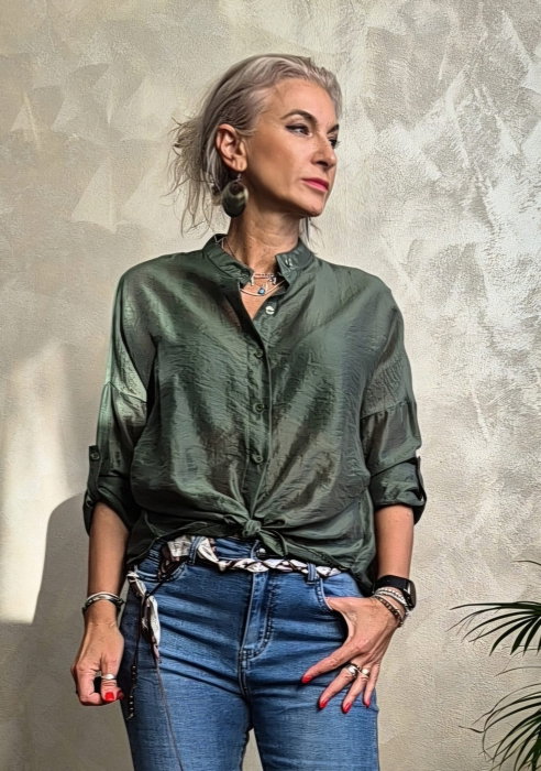 Camasa satinata oversized cu maneci reglabile, verde kaki