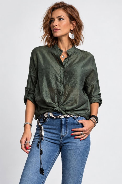 Camasa satinata oversized cu maneci reglabile, verde kaki