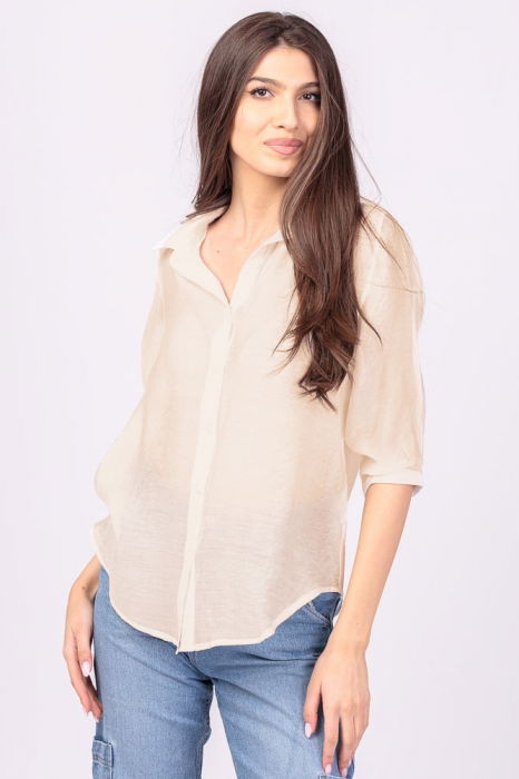 Camasa subtire, bej, cu guler clasic, maneca lunga si buzunar pe piept [2]