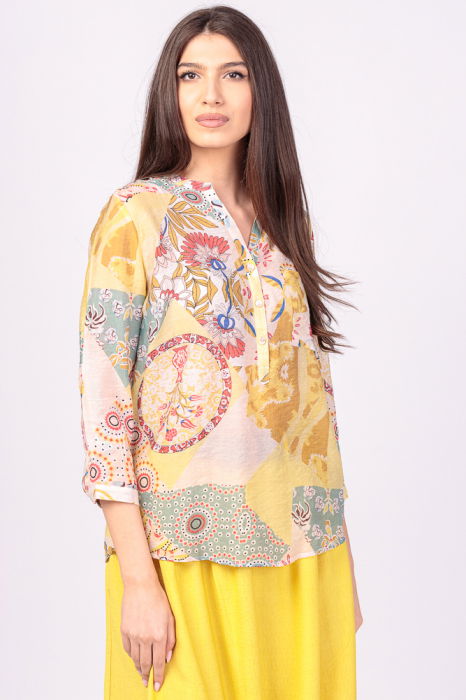 Camasa galbena subtire, cu guler tunica si imprimeu rosu [2]