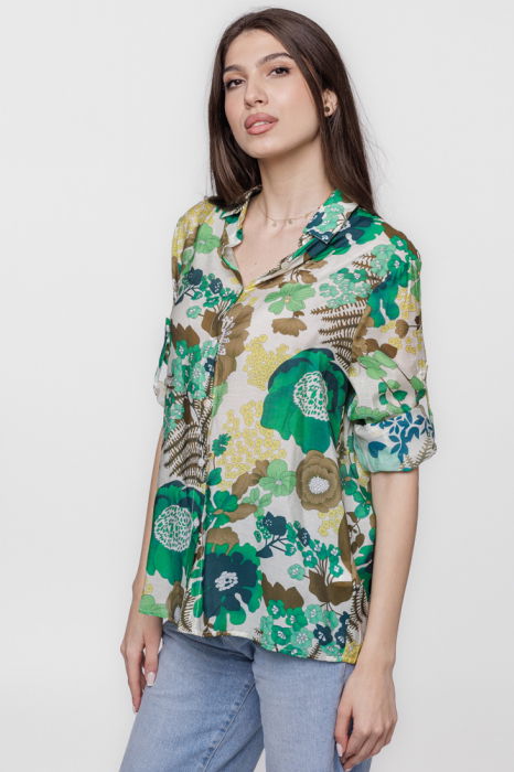 Camasa subtire din vascoza, cu guler clasic si imprimeu floral in nuante de verde [2]