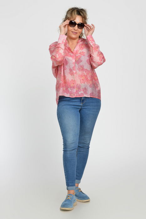 Camasa vaporoasa din bumbac, oversize, cu imprimeu floral in nuante de roz [6]