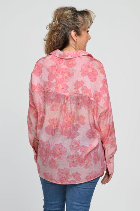 Camasa vaporoasa din bumbac, oversize, cu imprimeu floral in nuante de roz [8]