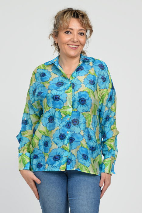 Camasa vaporoasa oversize, cu imprimeu floral albastru cu verde [9]