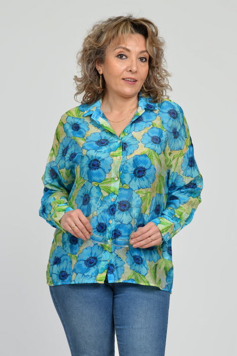 Camasa vaporoasa oversize, cu imprimeu floral albastru cu verde [2]