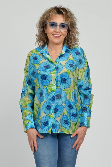 Camasa vaporoasa oversize, cu imprimeu floral albastru cu verde [7]