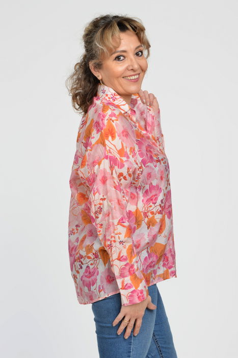 Camasa vaporoasa oversize, cu imprimeu floral roz cu portocaliu [9]