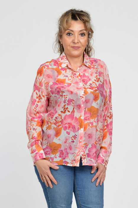 Camasa vaporoasa oversize, cu imprimeu floral roz cu portocaliu [8]