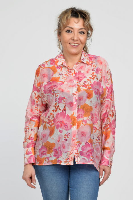 Camasa vaporoasa oversize, cu imprimeu floral roz cu portocaliu [3]
