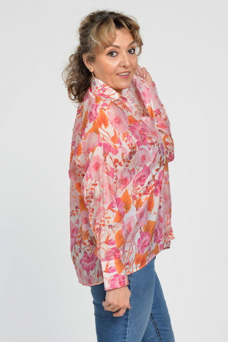 Camasa vaporoasa oversize, cu imprimeu floral roz cu portocaliu [10]