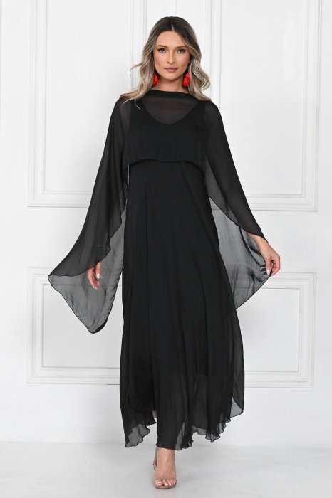 Capa dama din matase si vascoza tip kimono, croi fluid pentru layering, neagra