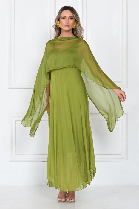 Capa dama din matase si vascoza tip kimono, croi fluid pentru layering, verde olive