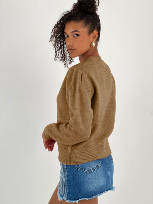 Cardigan cu decolteu in V, din tricotaj camel cu nasturi decorativi aurii [3]