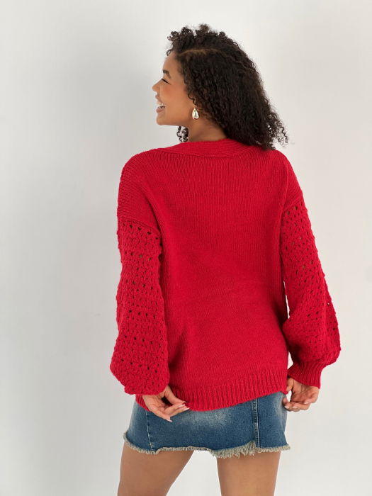 Cardigan cu decolteu in V, din tricotaj rosu cu nasturi decorativi aurii [6]