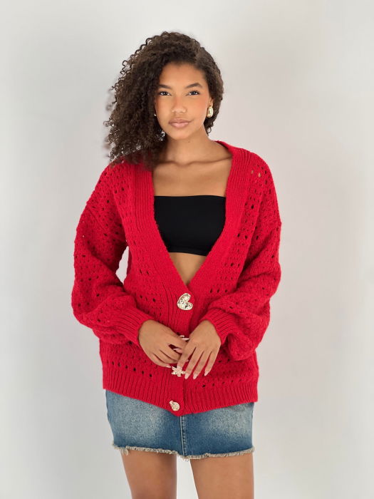 Cardigan cu decolteu in V, din tricotaj rosu cu nasturi decorativi aurii [4]