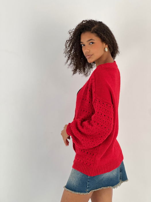 Cardigan cu decolteu in V, din tricotaj rosu cu nasturi decorativi aurii [5]