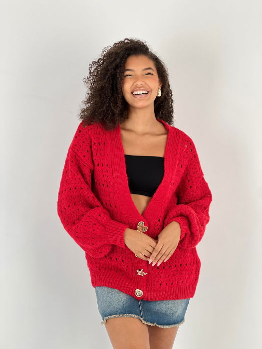 Cardigan cu decolteu in V, din tricotaj rosu cu nasturi decorativi aurii [2]