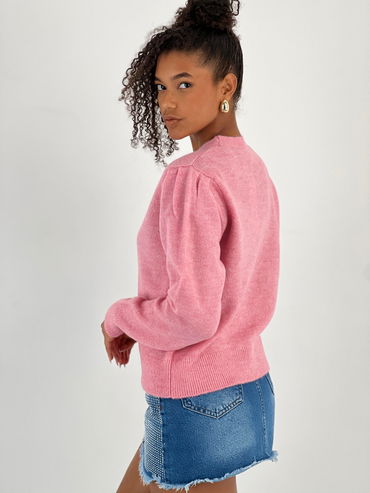 Cardigan cu decolteu in V, din tricotaj roz cu nasturi decorativi aurii [4]