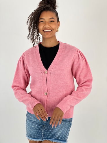 Cardigan cu decolteu in V, din tricotaj roz cu nasturi decorativi aurii [2]