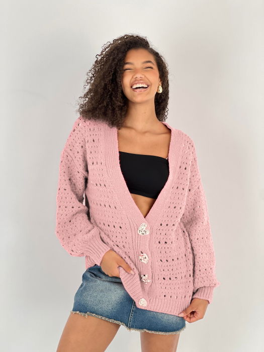 Cardigan cu decolteu in V, din tricotaj roz cu nasturi decorativi aurii