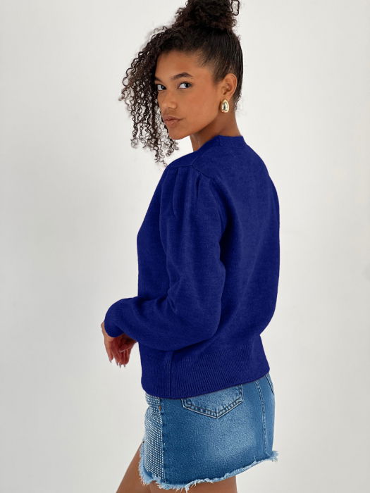 Cardigan cu decolteu in V, din tricotaj albastru cu nasturi decorativi aurii [3]