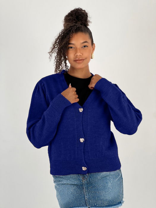 Cardigan cu decolteu in V, din tricotaj albastru cu nasturi decorativi aurii [2]