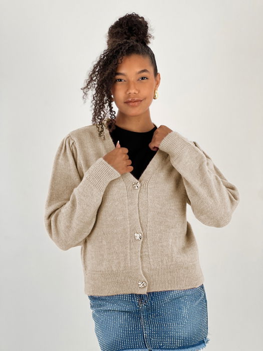 Cardigan cu decolteu in V, din tricotaj bej cu nasturi decorativi aurii [2]