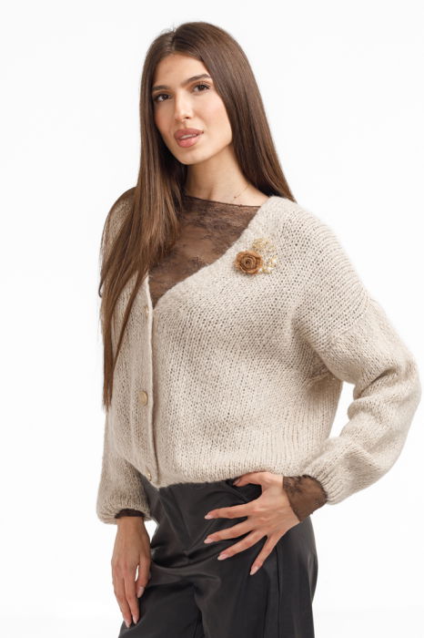 Cardigan dama cu lana si mohair, cu brose decorative – pulover casual chic bej deschis [2]