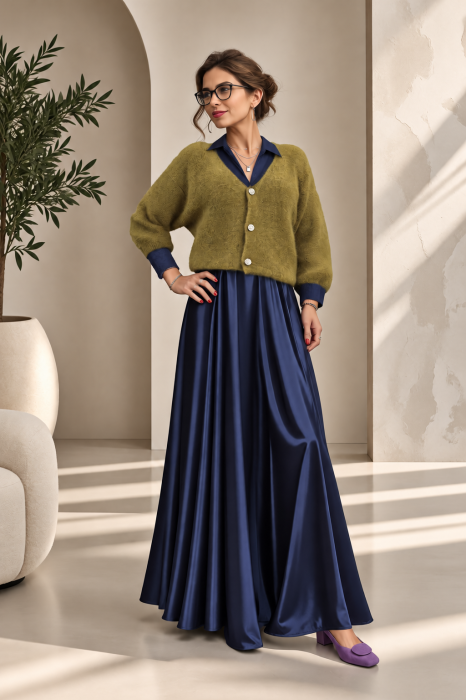 Cardigan dama cu lana si mohair, cu nasturi decorativi , pulover casual chic verde oliv