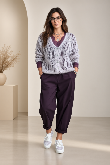 Cardigan dantelat cu mohair, cu model foarte fin , pulover casual chic bej