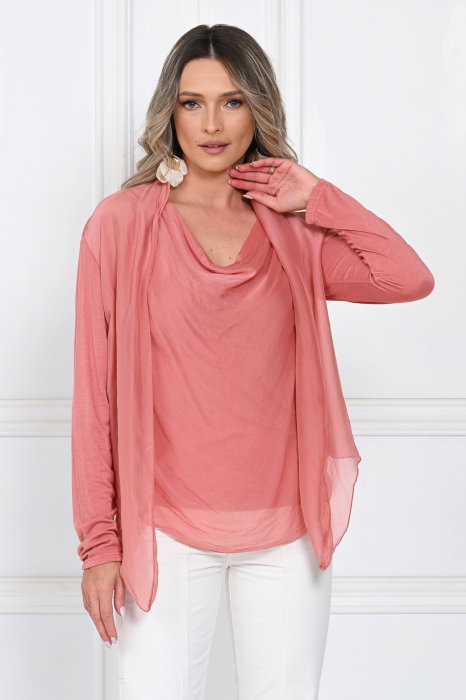 Blazer dama lejer cu design fluid si insertie din matase, croi relaxat, roz somon
