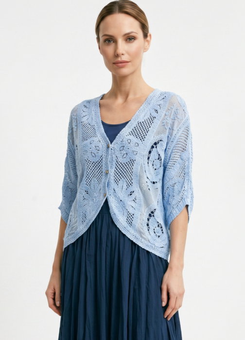 Cardigan din bumbac cu broderie, croi lejer, stil boho elegant, bleu