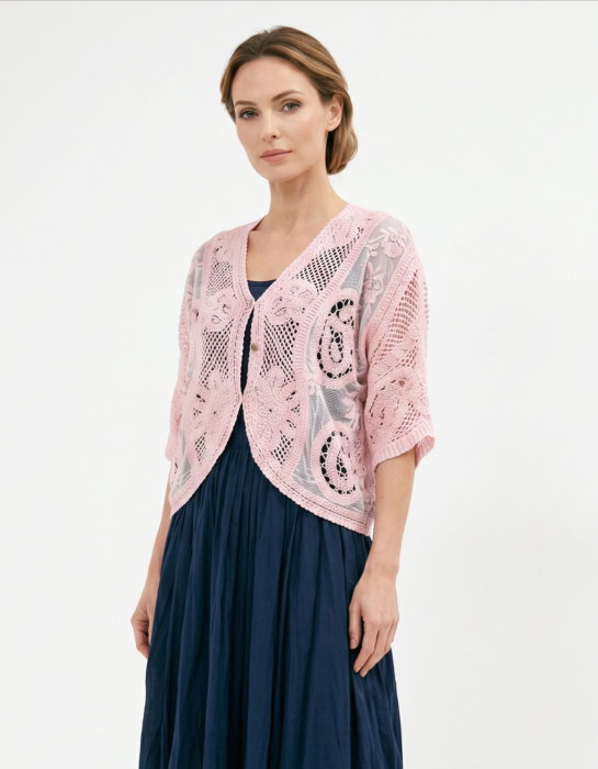 Cardigan din bumbac cu broderie, croi lejer, stil boho elegant, roz