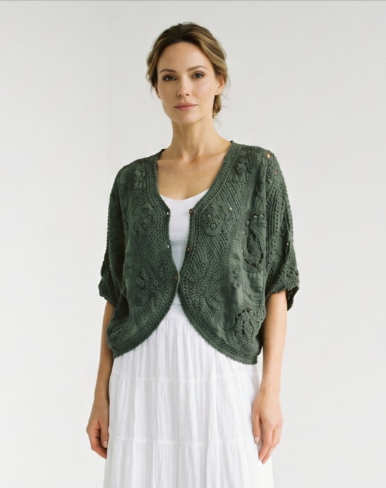 Cardigan din bumbac cu broderie, croi lejer, stil boho elegant, kaki