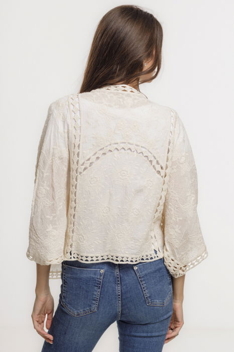Cardigan lejer din bumbac, cu broderie sparta tip dantela, bej [4]