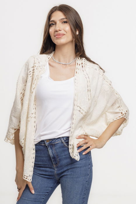 Cardigan lejer din bumbac, cu broderie sparta tip dantela, bej [2]