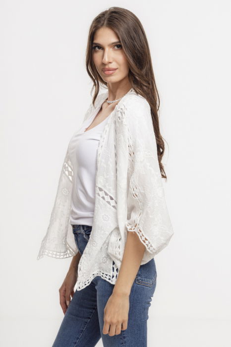 Cardigan lejer din bumbac, cu broderie sparta tip dantela, alb [2]
