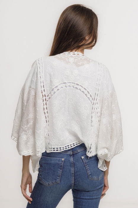 Cardigan lejer din bumbac, cu broderie sparta tip dantela, alb [3]