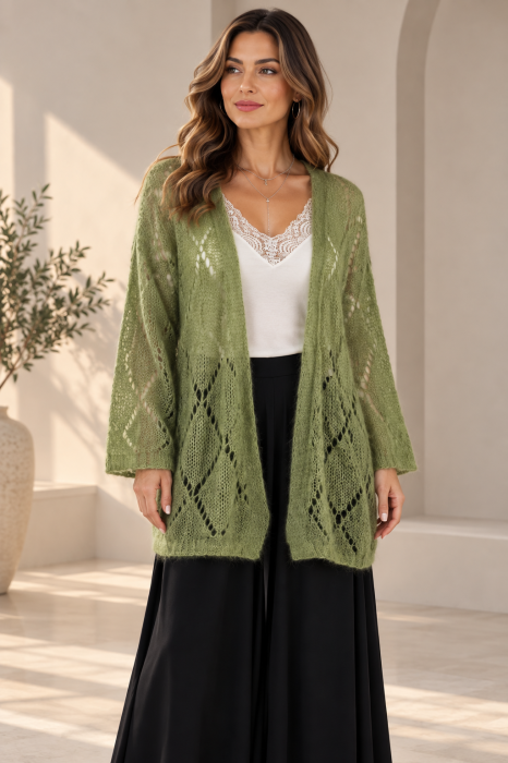 Cardigan lung din Kid Mohair cu tricot ajurat si cordon, verde olive