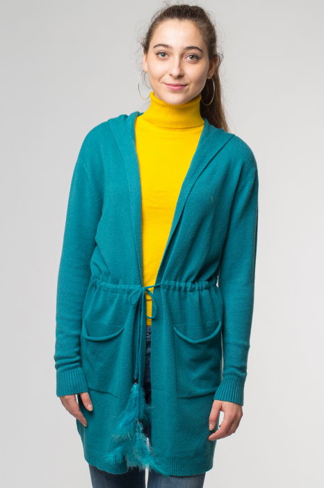 Cardigan turcoaz midi tricotat, cu gluga si buzunare [2]
