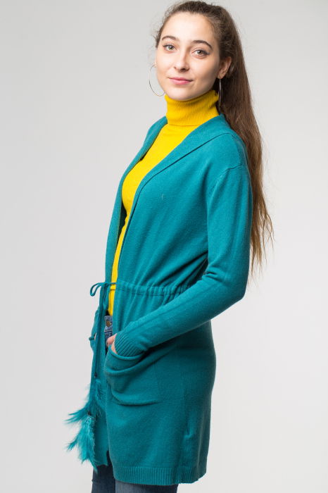 Cardigan turcoaz midi tricotat, cu gluga si buzunare