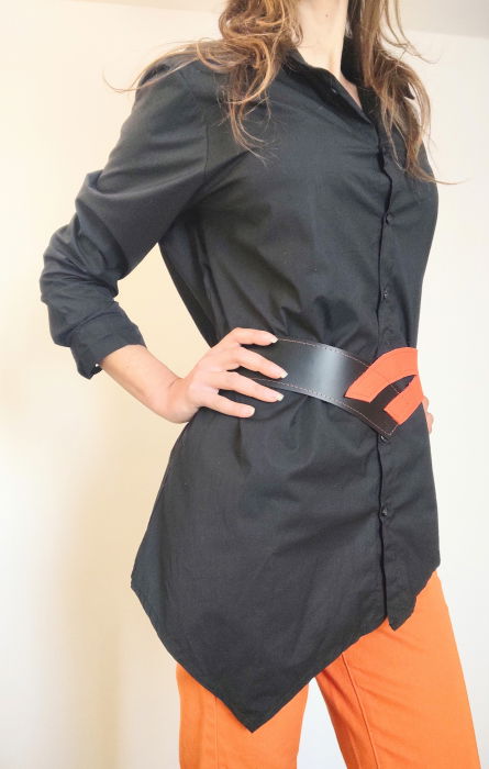 Centura asimetrică, din piele naturală portocalie și neagră [2]