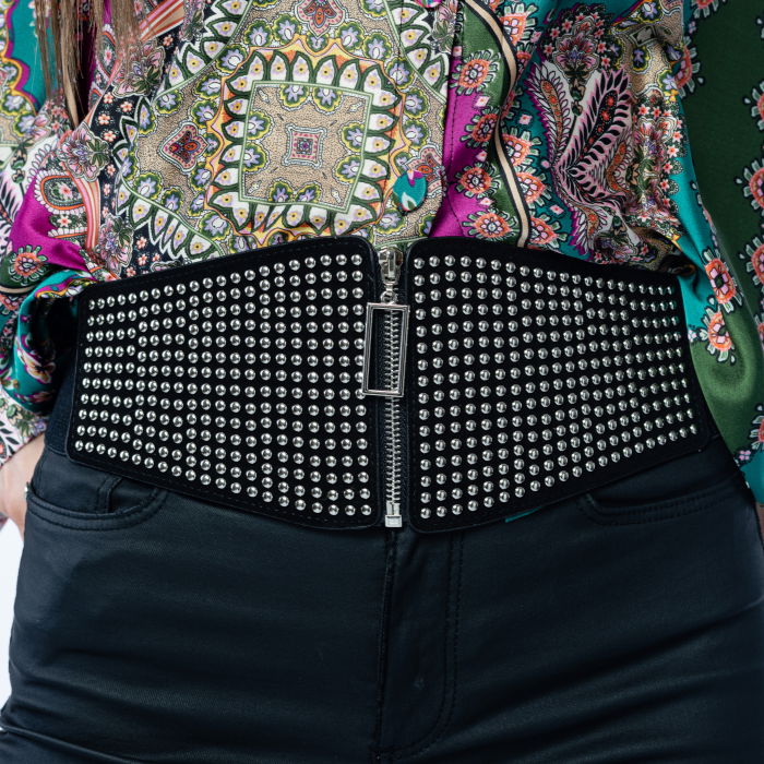 Centura corset lata din piele ecologica cu tinte metalice argintii si fermoar [2]