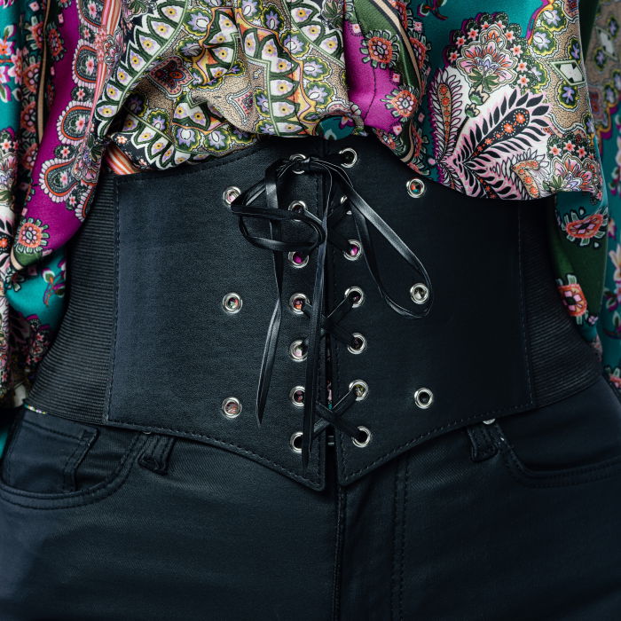 Centura corset lata din piele ecologica cu siret si capse matalice argintii [3]