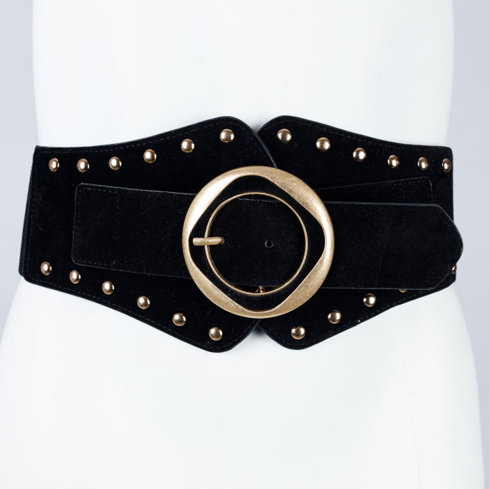 Centura corset lata din piele ecologica neagra cu catarama si tinte aurii si elastic la spate [4]