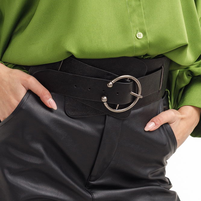 Centura corset lata din piele ecologica neagra cu catarama argintie antichizata