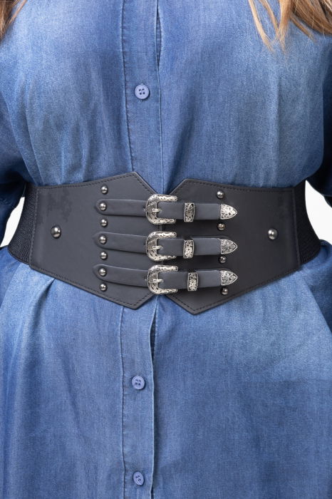 Centura lata de 12 cm din piele ecologica cu catarame si tinte aurii, elastic la spate [3]